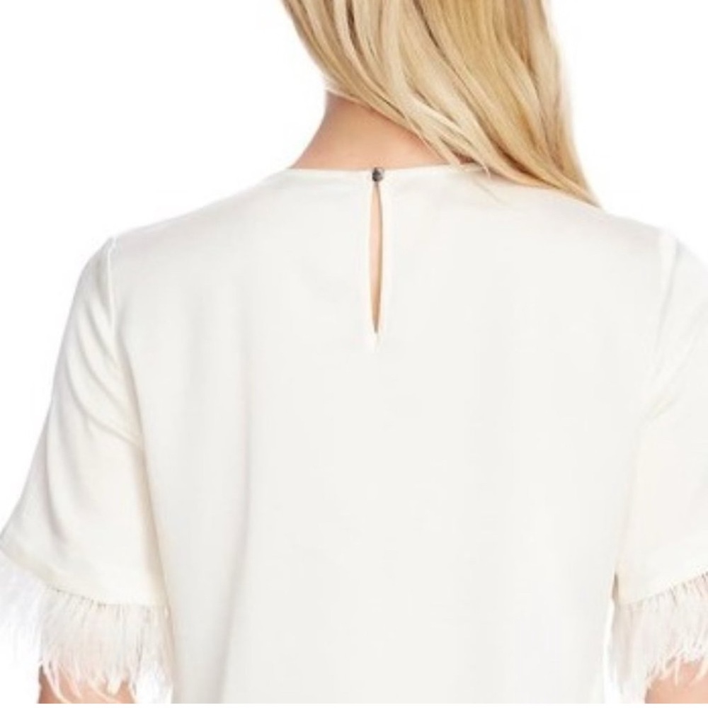 Vince Camuto Cream white feather Fringe short Sleeve Blouse top satin Small - Picture 6 of 8